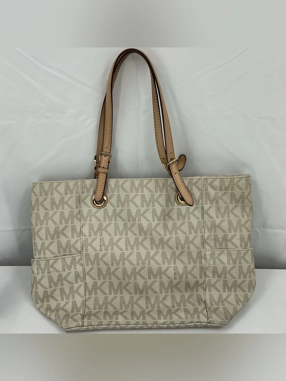 Michael Kors Beige Logo MK Tote with Tan Leather Straps D23
